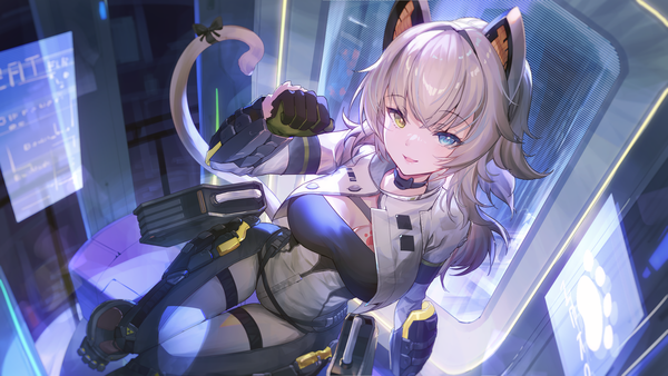 Anime picture 3840x2160 with girls' frontline 2: exilium peritya (girls' frontline 2) bison cangshu single long hair looking at viewer fringe highres open mouth blue eyes blonde hair smile wide image animal ears yellow eyes absurdres tail blunt bangs animal tail arm up
