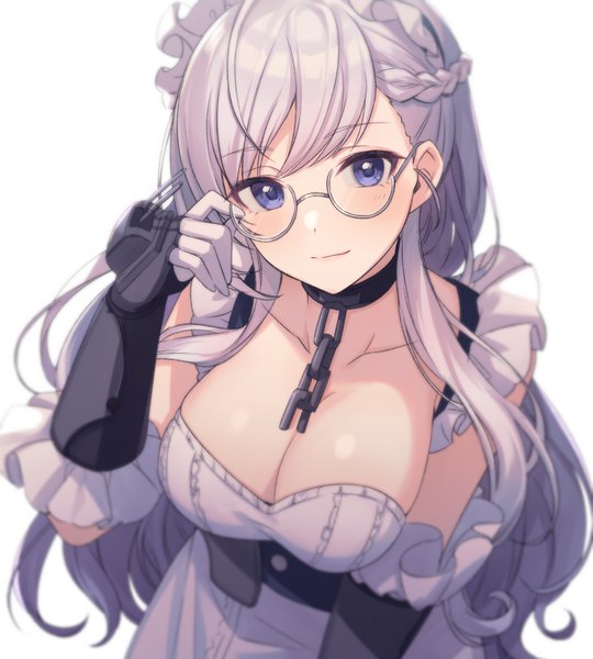 Anime picture 800x889 with azur lane belfast (azur lane) tomari (veryberry00) single long hair tall image looking at viewer blush fringe breasts blue eyes light erotic simple background large breasts white background cleavage silver hair braid (braids) head tilt light smile