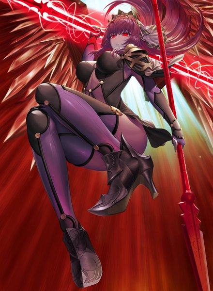 Anime picture 2600x3543 with fate (series) fate/grand order scathach (fate) (all) scathach (fate) pump (iklee321) single long hair tall image looking at viewer fringe highres breasts light erotic hair between eyes red eyes large breasts holding purple hair full body parted lips