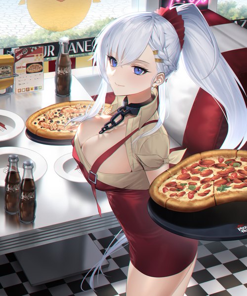 Anime picture 1500x1799 with azur lane coca-cola belfast (azur lane) belfast (piping-hot perfection) (azur lane) mamima single long hair tall image looking at viewer blush fringe breasts blue eyes light erotic smile hair between eyes large breasts standing holding payot