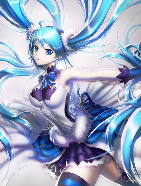 Anime picture 910x1200 with 7th dragon 2020 vocaloid hatsune miku lucky9 tall image looking at viewer fringe breasts open mouth simple background twintails very long hair aqua eyes light smile aqua hair grey background sleeveless couple girl thighhighs