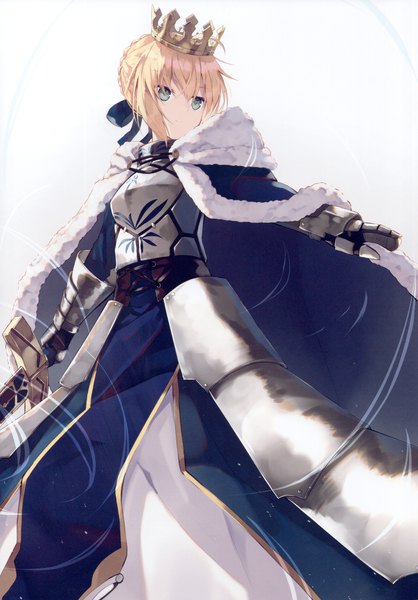 Anime picture 2517x3613 with fate (series) fate/stay night artoria pendragon (all) saber nagishiro mito single tall image fringe highres short hair simple background blonde hair hair between eyes standing holding green eyes payot looking away ahoge scan