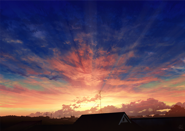 Anime picture 1200x852 with original mocha (cotton) signed sky cloud (clouds) evening sunset no people landscape scenic building (buildings) house power lines