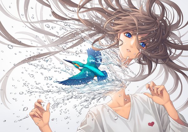 Anime picture 1697x1200 with original minami (minami373916) single looking at viewer fringe blue eyes simple background brown hair upper body very long hair parted lips fingernails floating hair surreal disembodied head girl animal water heart bird (birds)