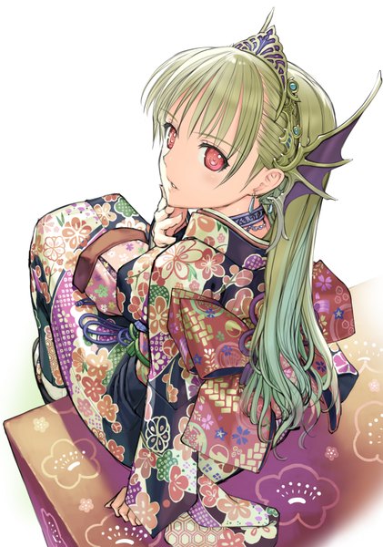 Anime picture 1228x1748 with original nakabayashi reimei single long hair tall image red eyes white background traditional clothes japanese clothes looking back green hair girl hair ornament kimono