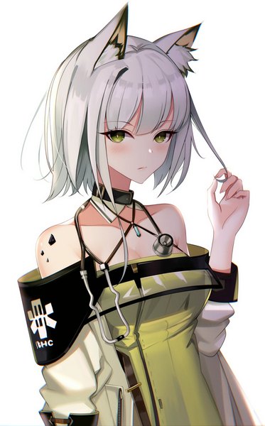 Anime picture 1163x1870 with arknights kal'tsit (arknights) ateoyh single tall image looking at viewer blush fringe short hair breasts simple background hair between eyes standing white background bare shoulders green eyes animal ears cleavage upper body white hair