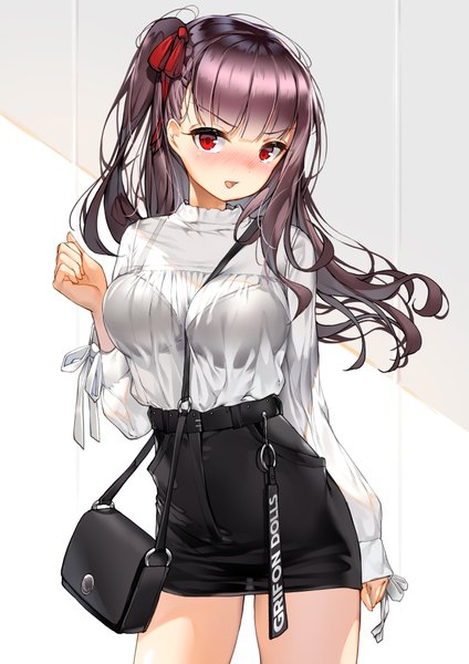 Anime picture 1414x2000 with girls frontline wa2000 (girls frontline) lee seok ho single long hair tall image looking at viewer blush fringe breasts open mouth light erotic red eyes large breasts standing purple hair indoors blunt bangs one side up sleeves past wrists