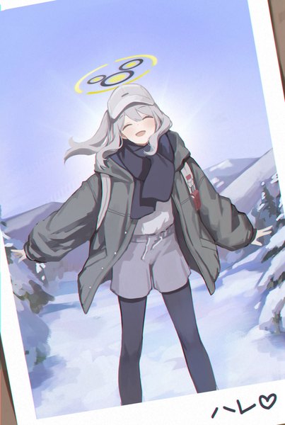 Anime picture 3578x5327 with blue archive hare (blue archive) hare (camp) (blue archive) seorang single long hair tall image highres open mouth absurdres outdoors ponytail eyes closed grey hair open jacket character names official alternate costume happy spread arms winter