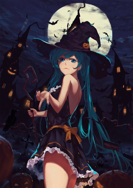 Anime picture 1357x1920 with vocaloid hatsune miku sombernight single long hair tall image looking at viewer blue eyes light erotic twintails signed blue hair bare legs from below halloween pointing at viewer girl dress hat animal