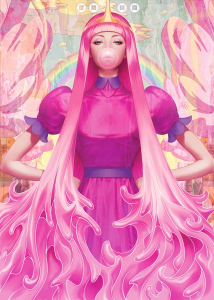 Anime picture 857x1200 with adventure time princess bubblegum (adventure time) artgerm (stanley lau) single tall image looking at viewer fringe blue eyes pink hair very long hair lips realistic puffy sleeves makeup hands on hips graffiti bubble blowing girl dress bubble (bubbles)