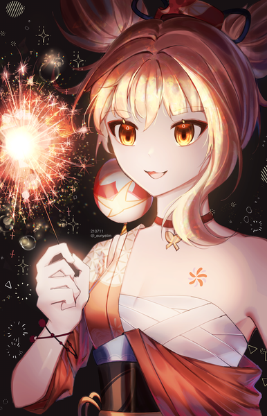 Anime picture 1800x2800 with genshin impact yoimiya (genshin impact) eunyelim single tall image fringe highres short hair breasts open mouth blonde hair smile bare shoulders holding signed payot ponytail traditional clothes :d japanese clothes