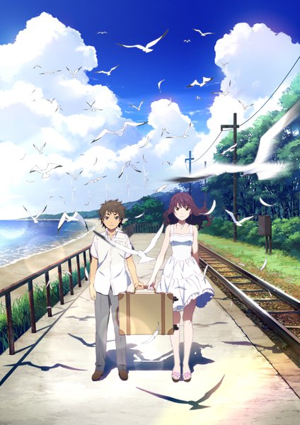 Anime picture 2129x3010 with uchiage hanabi shita kara miru ka? yoko kara miru ka? oikawa nazuna norimichi shimada long hair tall image looking at viewer highres short hair brown hair holding brown eyes sky cloud (clouds) full body wind official art shadow girl dress boy