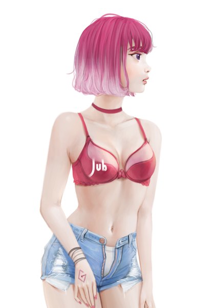 Anime picture 1920x2716 with original greyzie angel jubi (regiana) single tall image highres short hair breasts light erotic simple background white background purple eyes bare shoulders signed looking away pink hair upper body nail polish parted lips profile