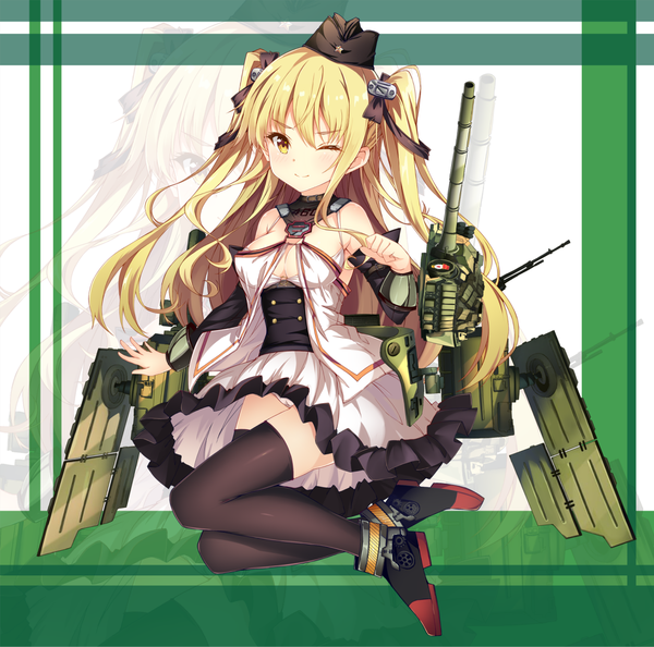 Anime picture 1252x1240 with original jianren single long hair looking at viewer light erotic blonde hair yellow eyes one eye closed wink pantyshot girl thighhighs dress underwear panties bow weapon black thighhighs hair bow