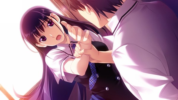 Anime picture 1600x900 with grisaia no kajitsu sakaki yumiko kazami yuuji open mouth black hair wide image purple eyes game cg purple hair very long hair arm grab girl boy uniform school uniform