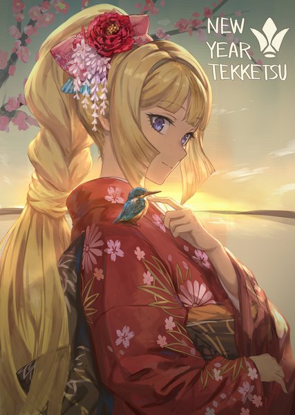 Anime picture 711x1000 with mobile suit gundam gundam tekketsu no orphans sunrise (studio) kudelia aina bernstein guchico single long hair tall image blonde hair purple eyes looking away ponytail traditional clothes japanese clothes hair flower cherry blossoms new year animal on shoulder bird on shoulder girl