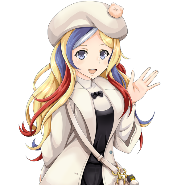 Anime picture 1500x1500 with kantai collection commandant teste (kantai collection) tk8d32 single long hair looking at viewer blush fringe open mouth blue eyes blonde hair simple background standing white background :d multicolored hair open clothes streaked hair arm behind back waving