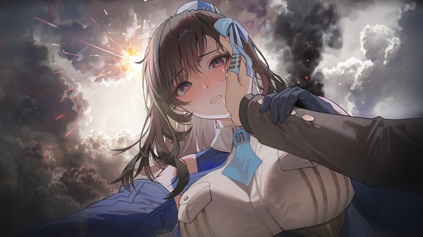 Anime-Bild 2650x1490 mit goddess of victory: nikke marian (nikke) commander (nikke) tokkihouse long hair looking at viewer blush fringe highres breasts brown hair wide image brown eyes cloud (clouds) parted lips from below tears outstretched arm crying pov
