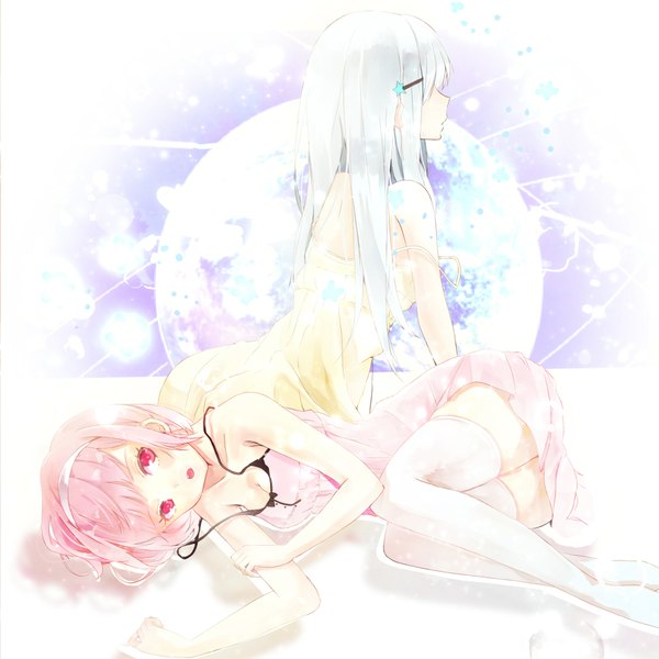 Anime picture 2000x2000 with original reio reio long hair highres short hair open mouth sitting bare shoulders multiple girls pink hair white hair lying pink eyes girl thighhighs dress 2 girls white thighhighs hairband sundress