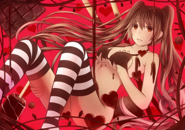 Anime picture 1900x1345 with original bounin long hair highres breasts light erotic brown hair twintails brown eyes girl thighhighs food heart sweets striped thighhighs chocolate