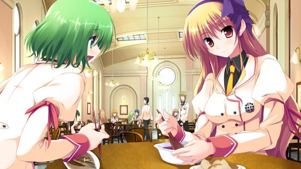 Anime picture 1280x720 with sakura no sora to kimi no koto kuga reina long hair short hair open mouth red eyes wide image multiple girls green eyes game cg green hair orange hair girl 2 girls serafuku food