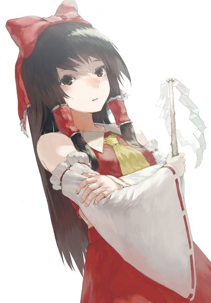 Anime picture 1134x1632 with touhou hakurei reimu ryono mizuki single long hair tall image blush fringe simple background brown hair white background holding brown eyes looking away traditional clothes japanese clothes wide sleeves crossed arms expressionless nontraditional miko