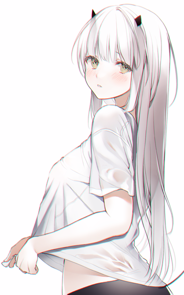 Anime picture 960x1535 with original 2sham single long hair tall image looking at viewer blush fringe breasts simple background standing white background holding yellow eyes payot upper body white hair parted lips horn (horns) turning head