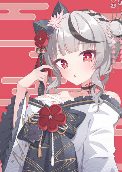 Anime picture 4961x7016 with virtual youtuber hololive sakamata chloe sakamata chloe (new year) quarterlift single long hair tall image highres breasts light erotic red eyes large breasts absurdres cleavage silver hair upper body traditional clothes japanese clothes multicolored hair
