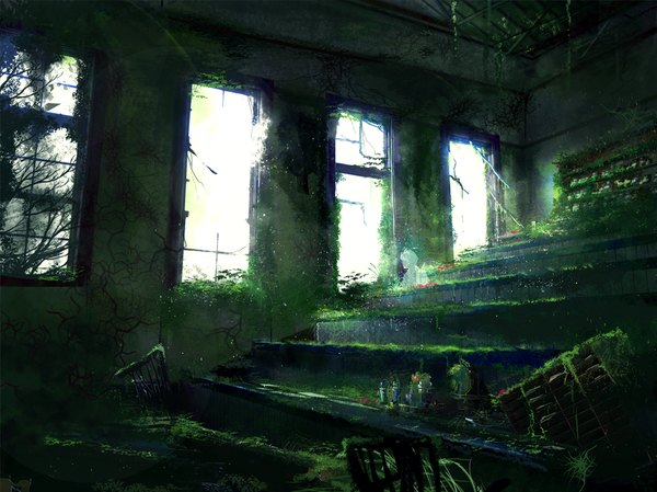 Anime picture 913x684 with original e-ko indoors sunlight sunbeam ghost ruins broken plant (plants) tree (trees) window