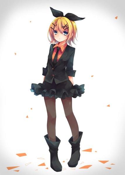 Anime picture 1500x2100 with vocaloid kagamine rin kuroi (liar-player) single tall image looking at viewer short hair blue eyes blonde hair simple background full body grey background hands behind back girl skirt hair ornament bow hair bow pantyhose necktie