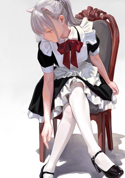Anime picture 1000x1414 with original feiqizi (fkey) fkey single long hair tall image blush fringe simple background sitting animal ears payot bent knee (knees) ponytail pink eyes grey hair cat ears grey background short sleeves maid