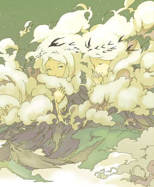Anime picture 1100x1336 with miyama fugin long hair tall image blonde hair sky cloud (clouds) white hair night mountain landscape twins fog girl animal tree (trees) bird (birds) forest hands