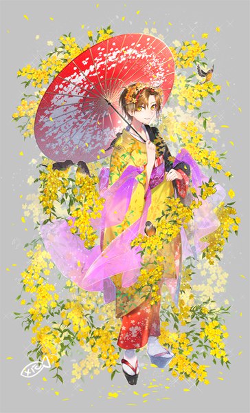 Anime picture 729x1200 with mystic messenger jaehee kang yakusuke single tall image short hair smile brown hair standing yellow eyes traditional clothes japanese clothes light smile grey background turning head girl hair ornament flower (flowers) animal petals