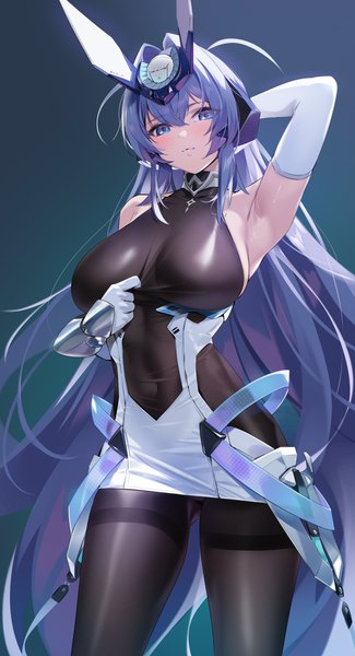 Anime picture 2300x4245 with azur lane new jersey (azur lane) new jersey (exhilarating steps!) (azur lane) yd (orange maru) single tall image looking at viewer blush fringe highres breasts blue eyes light erotic simple background hair between eyes large breasts standing payot blue hair very long hair