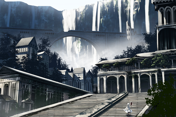 Anime picture 1200x805 with original haru (ryosios) ryosios single sky silver hair outdoors very long hair from behind mountain landscape walking scenic ruins waterfall architecture girl dress weapon plant (plants)