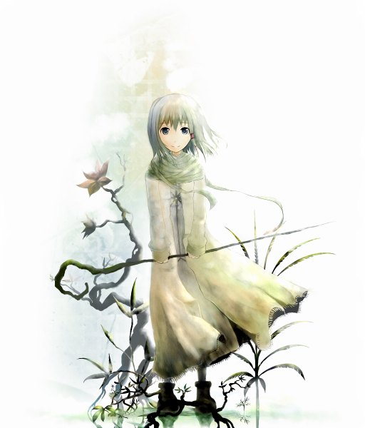 Anime picture 1024x1200 with koi wo suru shokubutsu (manga) yatsude tall image blue eyes smile grey hair girl flower (flowers) plant (plants) shoes cloak staff