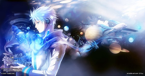 Anime picture 2422x1280 with vocaloid exit tunes crypton future media kaitonation (vocaloid) kaito (vocaloid) yuu (arcadia) single highres short hair blue eyes wide image blue hair looking away upper body profile glow cover album cover boy animal