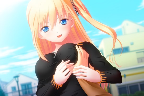 Anime picture 1280x853 with touhikou game houjou akito norumu rosurisubagu yasuyuki long hair looking at viewer blush open mouth blue eyes light erotic blonde hair smile game cg sky cloud (clouds) one side up breast grab girl hair ornament chain