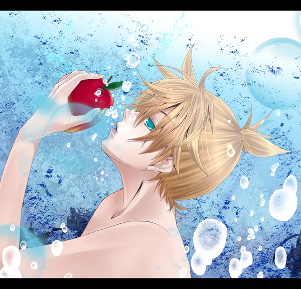 Anime picture 1300x1250 with vocaloid kagamine len soruto single blue eyes blonde hair aqua eyes topless underwater boy bubble (bubbles) fruit apple