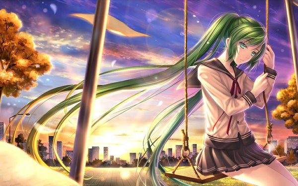 Anime picture 1020x640 with vocaloid hatsune miku tidsean single long hair looking at viewer blue eyes sitting twintails sky cloud (clouds) green hair tears city evening sunset girl skirt uniform plant (plants)