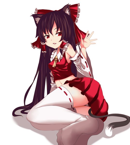 Anime picture 1700x1900 with touhou hakurei reimu furagu (artist) single long hair tall image looking at viewer open mouth black hair simple background red eyes white background animal ears japanese clothes cat ears midriff cat girl cat tail girl thighhighs