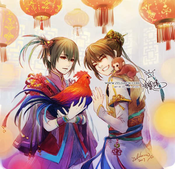 Anime picture 800x772 with original zelda c. wang fringe short hair smile hair between eyes brown hair sitting holding signed yellow eyes payot looking away eyes closed traditional clothes green hair hair bun (hair buns) grin chinese clothes new year