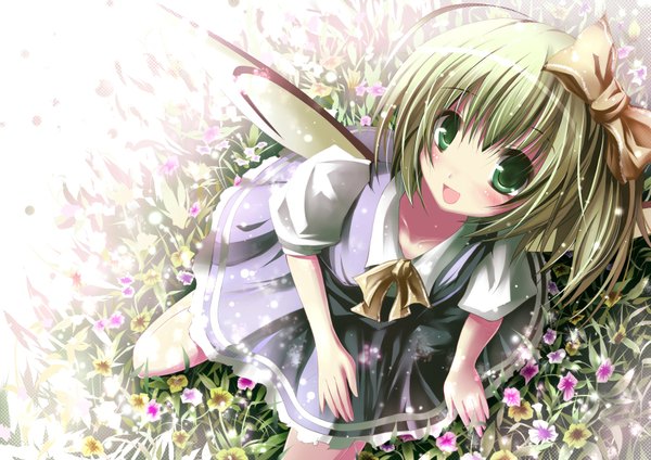 Anime picture 1754x1240 with touhou daiyousei missle228 single highres short hair open mouth green eyes green hair insect wings butterfly wings girl dress bow hair bow