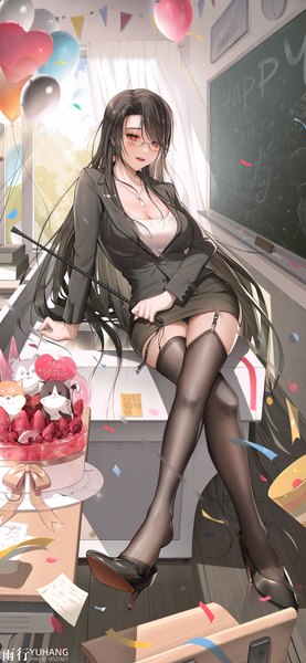 Anime picture 885x1920 with yuxing yuhang single tall image looking at viewer fringe breasts light erotic black hair red eyes sitting holding signed cleavage full body indoors long sleeves very long hair hair over one eye arm support high heels