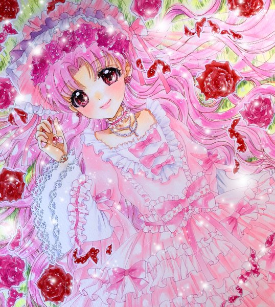 Anime picture 1146x1277 with bishoujo senshi sailor moon toei animation chibiusa aida kanon single long hair tall image looking at viewer blush smile red eyes pink hair lying on back dutch angle alternate hairstyle traditional media hair down girl dress