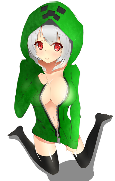 Anime picture 1400x2200 with minecraft creeper misuriru (artist) single tall image blush short hair breasts light erotic red eyes large breasts white background light smile grey hair open clothes open jacket legs personification girl thighhighs