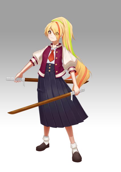 Anime picture 2480x3508 with zombie land saga mappa nikaidou saki moetora single long hair tall image looking at viewer fringe highres simple background blonde hair standing holding yellow eyes full body ponytail multicolored hair hair over one eye open jacket