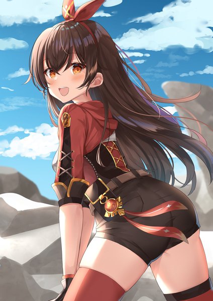 Anime picture 1075x1520 with genshin impact amber (genshin impact) kanaria hisagi single long hair tall image fringe open mouth hair between eyes red eyes brown hair sky cloud (clouds) outdoors :d looking back leaning leaning forward girl thighhighs