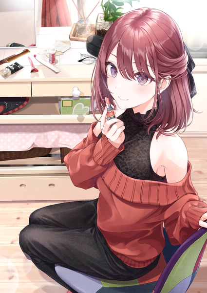 Anime picture 1451x2048 with original chobe 2 single tall image blush fringe short hair smile hair between eyes brown hair sitting purple eyes bare shoulders holding looking away indoors long sleeves off shoulder sparkle lens flare