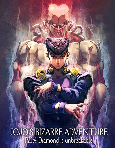Anime picture 778x1000 with jojo no kimyou na bouken higashikata jousuke crazy diamond boyaking(sbf) tall image looking at viewer black hair standing purple eyes upper body copyright name crossed arms eyebrows fighting stance aura stand (jojo) pompadour peace symbol boy uniform